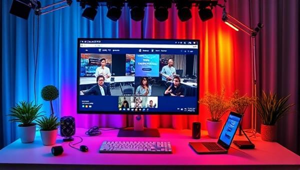 A dynamic and vibrant virtual event setup featuring a screen displaying a virtual conference with interactive elements, surrounded by event planning tools and decorations, conveying creativity and innovation in online event planning.