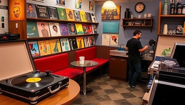 A retro-styled cafe interior with cozy seating areas, a vintage record player spinning vinyl records, shelves filled with colorful record sleeves, and a barista crafting artisanal coffee drinks, capturing the nostalgic charm and musical ambiance of RetroGroove Cafe.