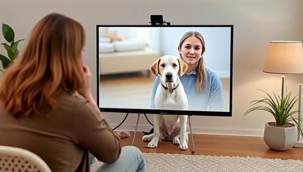 A serene image of a virtual consultation setup with a pet owner interacting with a behavior consultant via video call, showcasing a harmonious and supportive environment.