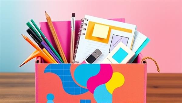 A vibrant and colorful box filled with design tools, sketchbooks, post-it notes, and a USB drive, symbolizing creativity and innovation in web design education.