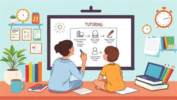 An educational illustration of a virtual tutoring session in progress, with a tutor guiding a student through an interactive lesson on a digital whiteboard, surrounded by educational materials and engaging visuals, fostering a dynamic and engaging online learning environment.