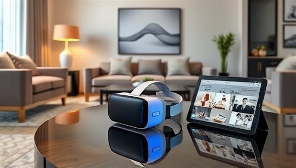 An elegant living room with a virtual reality headset on a stylish coffee table, showcasing a digital mood board on a tablet, illustrating the fusion of technology and design in a modern interior space.
