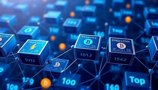 An abstract representation of interconnected blockchain blocks with prediction market events and cryptocurrency symbols, symbolizing the secure and transparent nature of the Crypto Oracle Exchange platform.