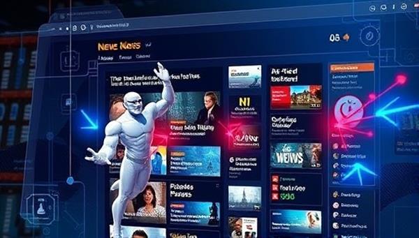 A futuristic visualization of a digital news interface with AI algorithms depicted as magical genies organizing news topics and sources in a visually appealing and personalized manner for users, showcasing innovation and customization.