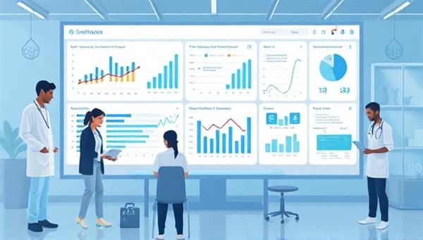 An illustration of a digital health dashboard displaying real-time data analytics and technology integration solutions provided by MedTech Solutions Hub, showing healthcare professionals accessing patient information and managing operations efficiently, highlighting the platform
