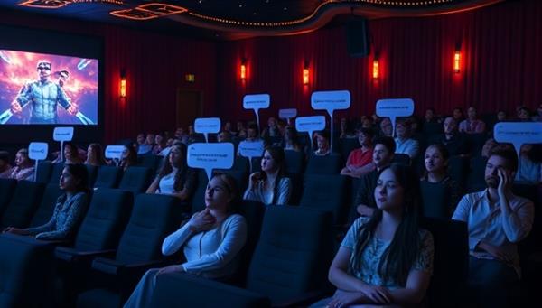A virtual cinema environment with rows of seats filled with avatars of members watching a movie together, chat bubbles popping up with comments and reactions, and themed decorations reflecting the movie being screened, creating a cozy and interactive movie night setting.