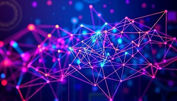 An abstract representation of AI algorithms working on a virtual design canvas, creating intricate web layouts with colorful geometric patterns, symbolizing creativity and innovation.