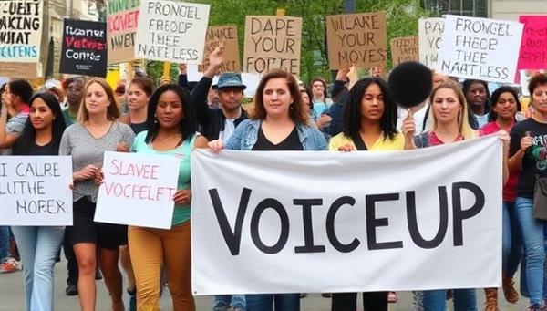 A diverse group of individuals holding protest signs and banners, marching together in solidarity and unity, representing the power of collective voices and activism facilitated by VoiceUp.