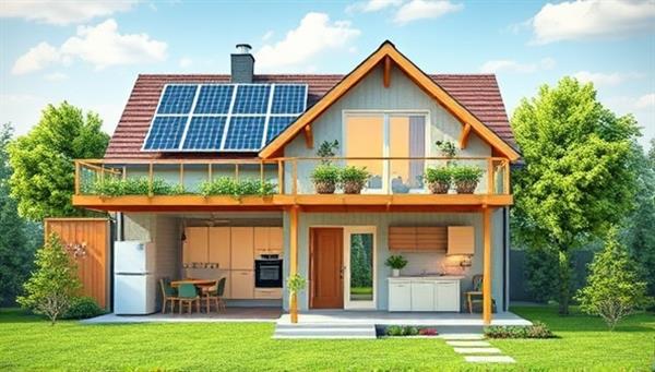 An eco-friendly smart home with solar panels, energy-efficient appliances, and smart devices controlled by a central hub, showcasing a sustainable and technologically advanced living environment through GreenHome Tech Solutions.