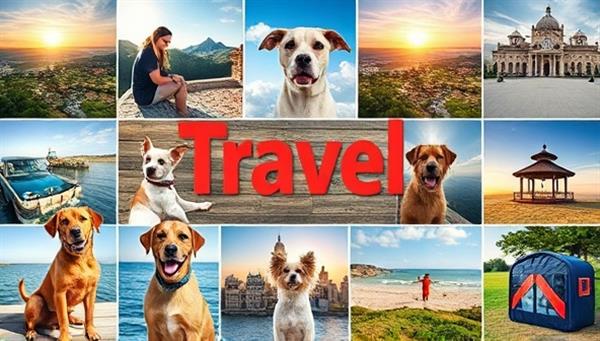 A vibrant travel-themed collage with images of pets exploring scenic destinations, pet-friendly accommodations, and outdoor adventures, conveying the spirit of pet-friendly travel and the personalized service offered by WagVentures Concierge in crafting memorable pet travel experiences.