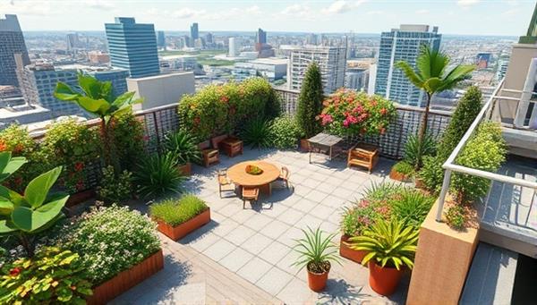 An artistic rendering of a lush rooftop garden oasis with vibrant plants, seating areas, and sustainable features like rainwater harvesting systems, showcasing the beauty and functionality of urban rooftop green spaces.