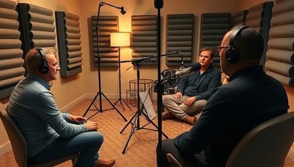 A cozy recording studio setup with professional microphones, soundproofing panels, and a podcast host engaging with guests, capturing the essence of creativity and collaboration.