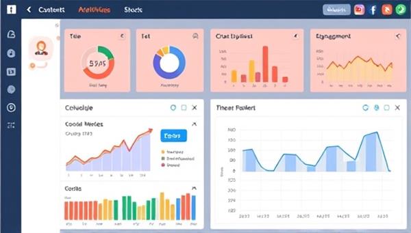 A digital dashboard displaying social media metrics and scheduling tools, with graphs and charts showing content performance and engagement data, illustrating the efficiency and analytical capabilities of the social media content scheduler and analyzer tool.
