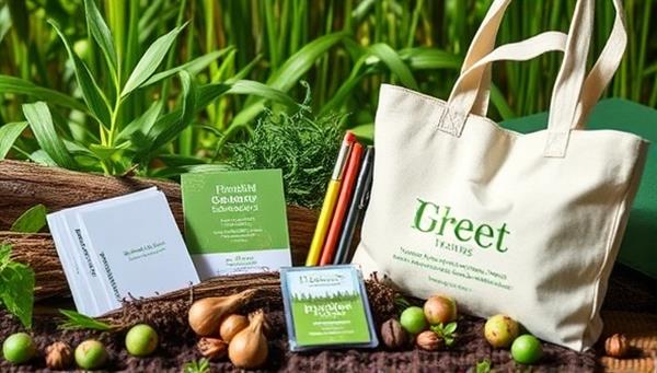 An array of eco-friendly promotional items displayed in a natural setting, including plantable seed paper business cards, bamboo pens, and recycled fabric tote bags, emphasizing the green and sustainable aspect of the products.