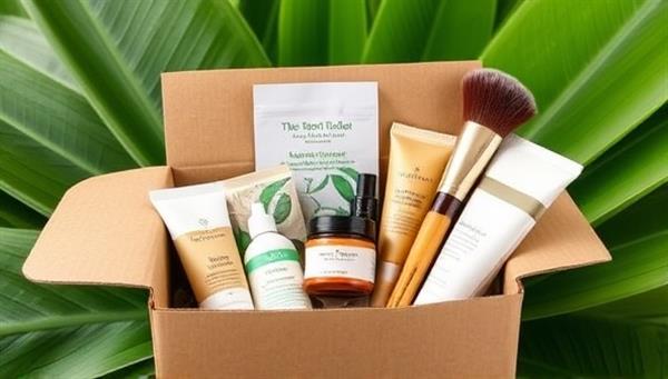An eco-friendly beauty subscription box filled with natural skincare products, bamboo makeup brushes, recycled packaging, and a leafy green background, symbolizing sustainability and conscious beauty choices.