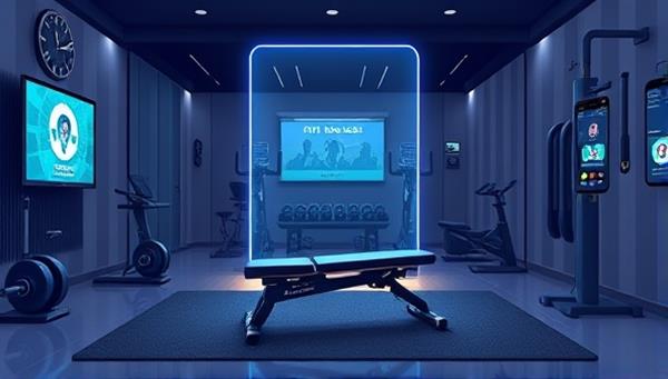 An illustration showing a sleek home gym setup with smart tech-integrated fitness equipment like a digital weight bench, interactive mirror for virtual classes, and a mobile app interface displaying workout data, reflecting a futuristic and high-tech fitness experience.