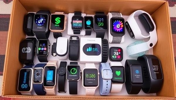 A collection of health tech wearable devices neatly displayed in a rental box, featuring a variety of devices like fitness trackers, smartwatches, and health monitors with vibrant displays and sleek designs, highlighting the diversity of options available for rent.