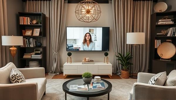 An elegant virtual design studio setup with a designer interacting with a client via video call, surrounded by fabric swatches, paint samples, and design magazines, creating a virtual design experience that is both personal and inspiring.