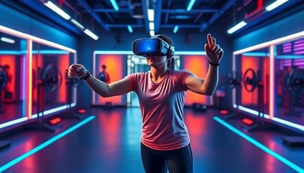 An immersive VR fitness environment within VR FitZone featuring a virtual trainer guiding users through a high-energy workout session in a futuristic digital gym setting, surrounded by interactive fitness challenges and motivational cues, inspiring users to push their physical limits.