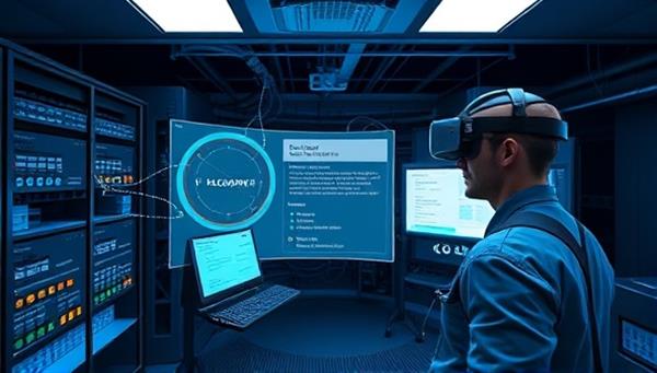 An immersive VR training simulation showing a telecom technician troubleshooting network issues in a virtual environment, with interactive tools and guidance prompts, highlighting the hands-on learning experience provided by TeleVR Learning for telecom professionals seeking advanced training methods.