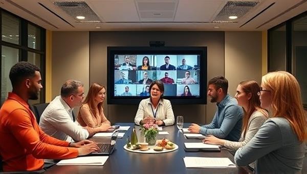 A virtual conference room setting with a diverse group of professionals engaging in a team-building activity, such as a virtual escape room challenge or a collaborative problem-solving exercise, showcasing the interactive and engaging nature of GlobalConnect Events platform.