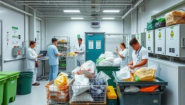 An eco-conscious scene showcasing medical waste recycling in action, with healthcare professionals sorting and processing biohazardous materials in a modern facility equipped with advanced recycling technology, highlighting environmental stewardship and green healthcare practices.