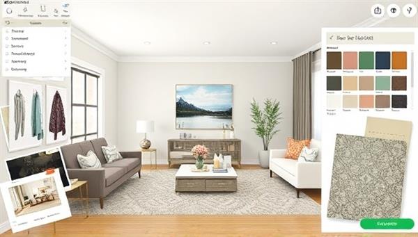 A digital room layout featuring a virtual living space with interactive design elements, furniture selections, and color palette options, surrounded by design sketches and fabric swatches, creating an immersive and personalized interior design experience for clients.