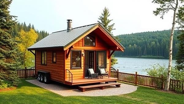 A cozy, picturesque tiny home surrounded by lush greenery and a serene lake, capturing the essence of sustainable living and peaceful retreats.