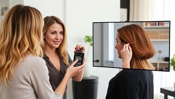 An image featuring a hairstylist virtually guiding a client through a hair color application process, with a split-screen showing the client applying color at home, highlighting the interactive and educational nature of the service.