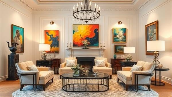 An elegant room setting adorned with a rotating art collection, featuring vibrant paintings and sculptures strategically placed to enhance the space, illustrating the concept of art rental and curated interior design through ArtEasel Rental.