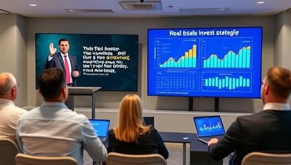 An engaging virtual seminar setup featuring a professional speaker delivering a dynamic presentation on real estate investment strategies, with digital charts and graphs displayed on screens, creating an interactive and educational environment for attendees.