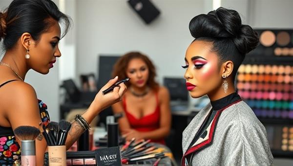 A vibrant and dynamic makeup workshop setup with a professional MUA showcasing a bold makeup look on a model, surrounded by a variety of makeup products, brushes, and colorful swatches, evoking creativity and learning.