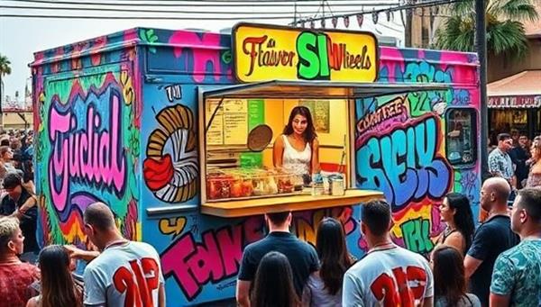 A vibrant food truck adorned with colorful graffiti art, serving a fusion dish that combines elements from different cuisines, surrounded by a lively crowd enjoying the unique culinary experience, capturing the essence of FlavorWheels