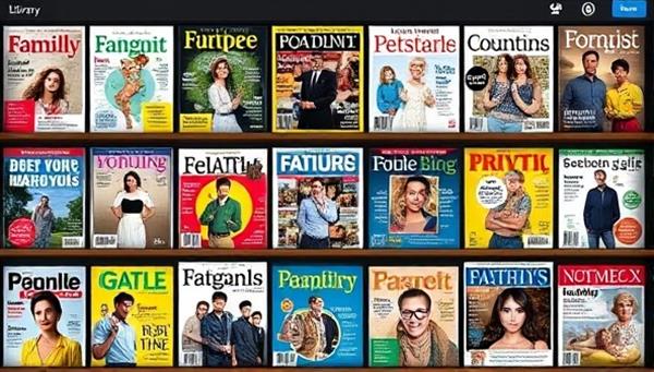 An artistic representation of a digital magazine library with vibrant covers tailored to different interests, showcasing the diverse and personalized content offerings available through the platform.