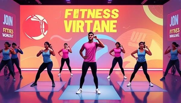 A dynamic virtual workout session featuring digital avatars of participants following an energetic fitness routine led by a virtual trainer, set against a backdrop of vibrant workout animations and motivational messages, inspiring viewers to join the fitness challenge and stay active.