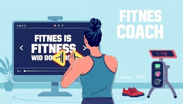 An energetic digital illustration of a virtual fitness coach leading a workout session through a video call, with motivational fitness quotes in the background and digital fitness trackers, conveying an immersive and personalized fitness coaching experience.