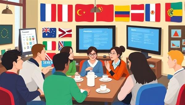 A vibrant language exchange club scene with avatars of members conversing in different languages, cultural symbols and flags in the background, language learning resources displayed on screens, and a friendly and inclusive atmosphere encouraging cross-cultural communication and learning.