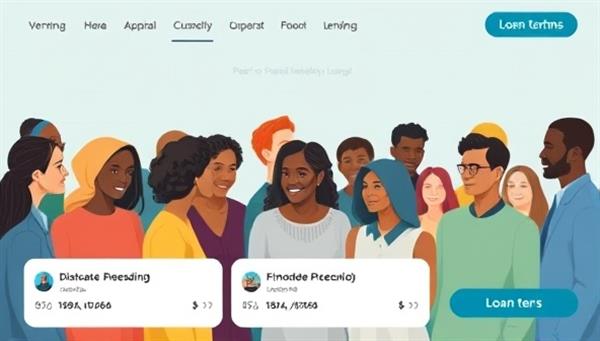An interactive digital platform showcasing a diverse group of individuals engaging in peer-to-peer lending transactions, with transparent loan terms and interest rates displayed, symbolizing financial inclusion and community empowerment through decentralized lending.