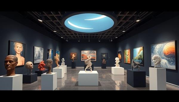 An immersive virtual art gallery space showcasing a variety of digital artworks, sculptures, and installations, with interactive features for users to navigate, explore, and purchase art pieces, creating a cutting-edge platform for art appreciation and acquisition.