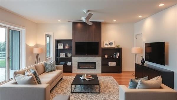 A modern living room with integrated smart devices like voice-controlled lights, a smart thermostat, and security cameras, showcasing the convenience and luxury of a smart home renovation.
