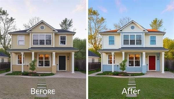 A before-and-after image of a home renovation project, with the "before" showing a dated, energy-inefficient space and the "after" displaying a modern, eco-friendly living area with sustainable features like solar panels and recycled materials.