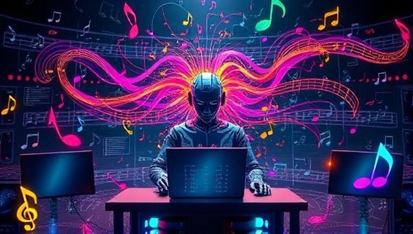 An artistic visual of a digital AI composer surrounded by musical notes and instruments, composing music tracks on a futuristic interface, with colorful melodies flowing out of the screen, symbolizing the creative and innovative music composition process facilitated by the MelodyCraft AI platform.