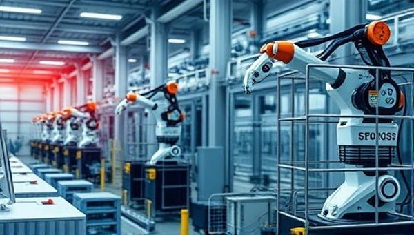 An industrial setting with robots and automated machinery working seamlessly together, monitored by smart sensors and control panels, illustrating the efficiency and precision of smart manufacturing automation solutions in operation.