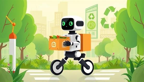 An illustration of a delivery robot transporting a biodegradable food package through a lush urban landscape, with green energy symbols and recycling icons in the background, showcasing the eco-friendly approach and innovative technology behind EcoEats