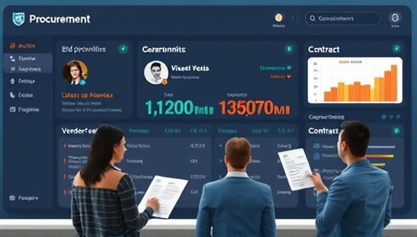 An interactive procurement dashboard displaying active bid opportunities, vendor profiles, and contract milestones, with government procurement officers and vendors engaged in real-time negotiations and document exchanges, symbolizing transparency and efficiency in the procurement process.