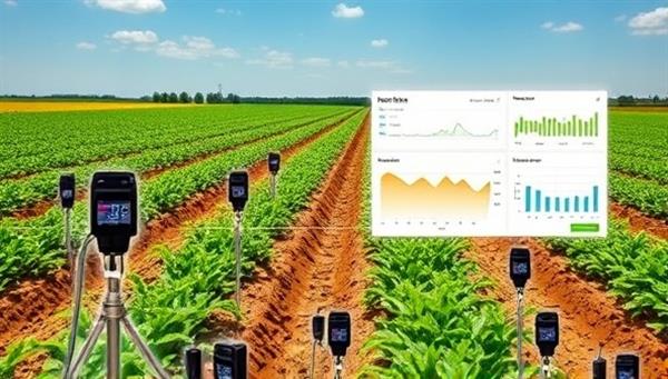 An agricultural field equipped with IoT sensors and monitoring devices, displaying real-time data on crop health, soil moisture levels, and environmental conditions on a digital dashboard, illustrating the benefits of AgriSense IoT Solutions for precision farming.