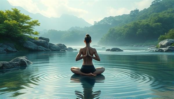 A serene digital landscape with a virtual yoga instructor leading a session, surrounded by calming nature elements like flowing water and greenery, emphasizing relaxation and mindfulness.