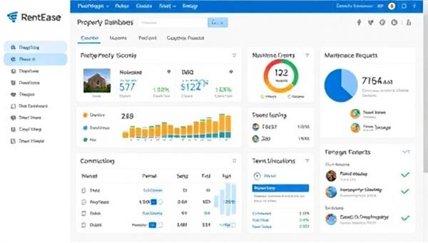 An intuitive online dashboard showcasing property listings, rental income summaries, maintenance request tracking, and tenant communication tools, illustrating the convenience and efficiency of RentEase for property management.