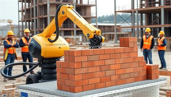 An automated robotic arm seamlessly laying bricks on a construction site, surrounded by amazed workers observing the precision and speed of the robotic construction process, representing a fusion of technology and traditional building practices.
