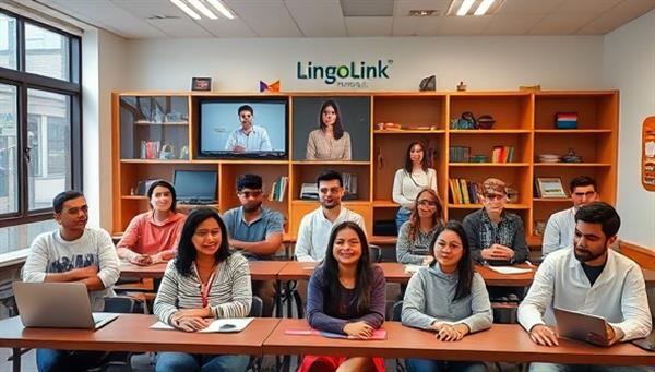 A virtual language classroom setting with diverse students engaged in interactive language lessons, accompanied by virtual cultural experiences and language exchange sessions, creating a vibrant and immersive language learning environment at LingoLink Virtual.